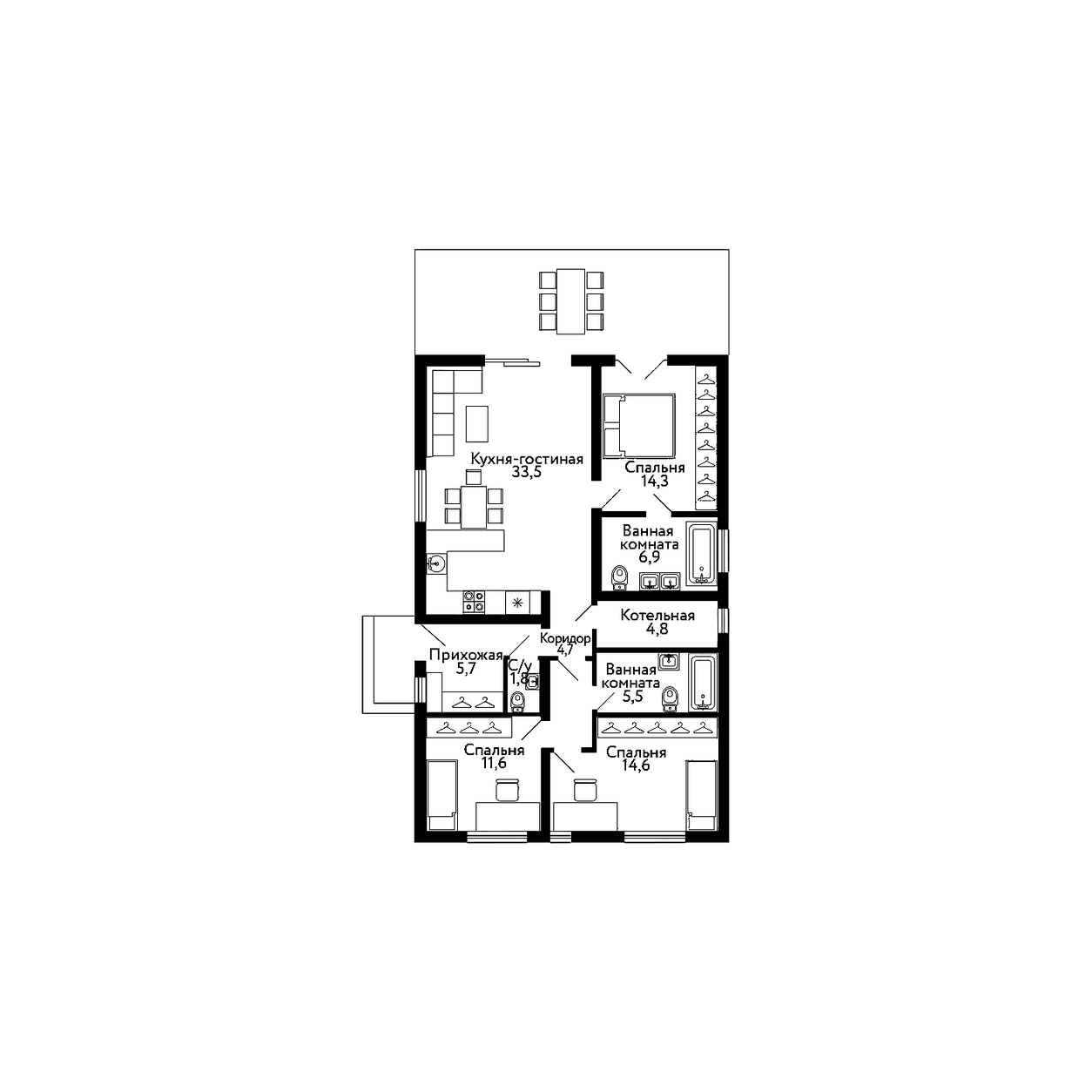 Планировка дома «ВыбирайДом 101» площадью 102.8 м² с 3 спальнями