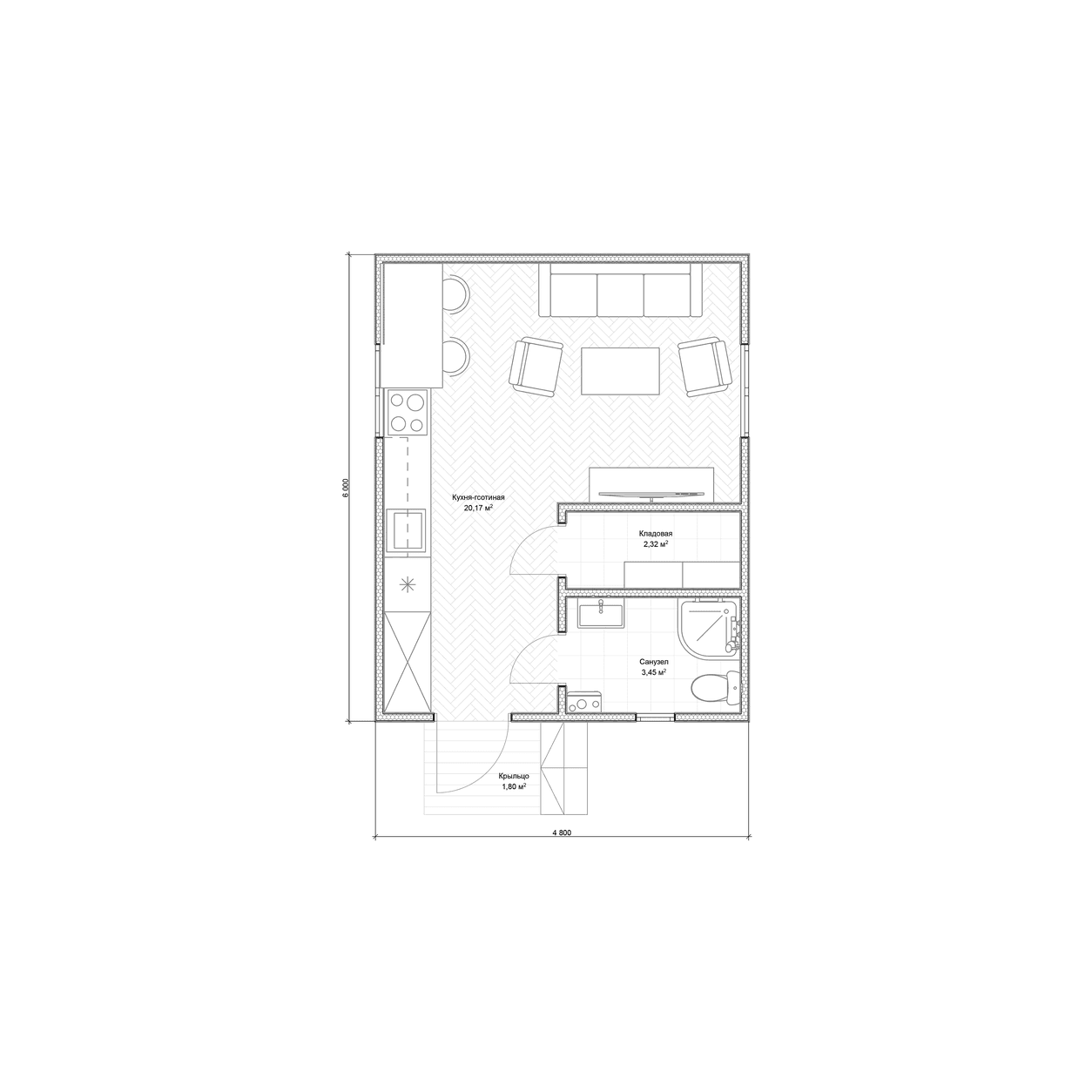 Планировка дома «ВыбирайДом 116» площадью 28.8 м² с 1 спальней